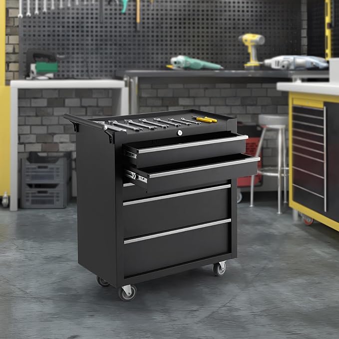 5-Drawer Rolling Tool Chest with Wheels and Locking System, Portable Tool Cabinet for Garage, Workshop, Mechanic, Heavy Duty Tool Box with Drawers, Detachable Storage for Home and Shop, Black