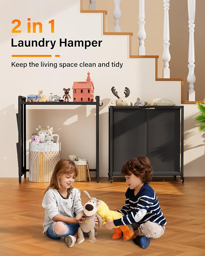 Laundry Sorter 2 Section: Laundry Hamper Basket with Shelf and Wheels - Rolling Laundry Basket Organizer with Pull-Out Cart - Clothes Hamper for Laundry Room Bathroom Bedroom