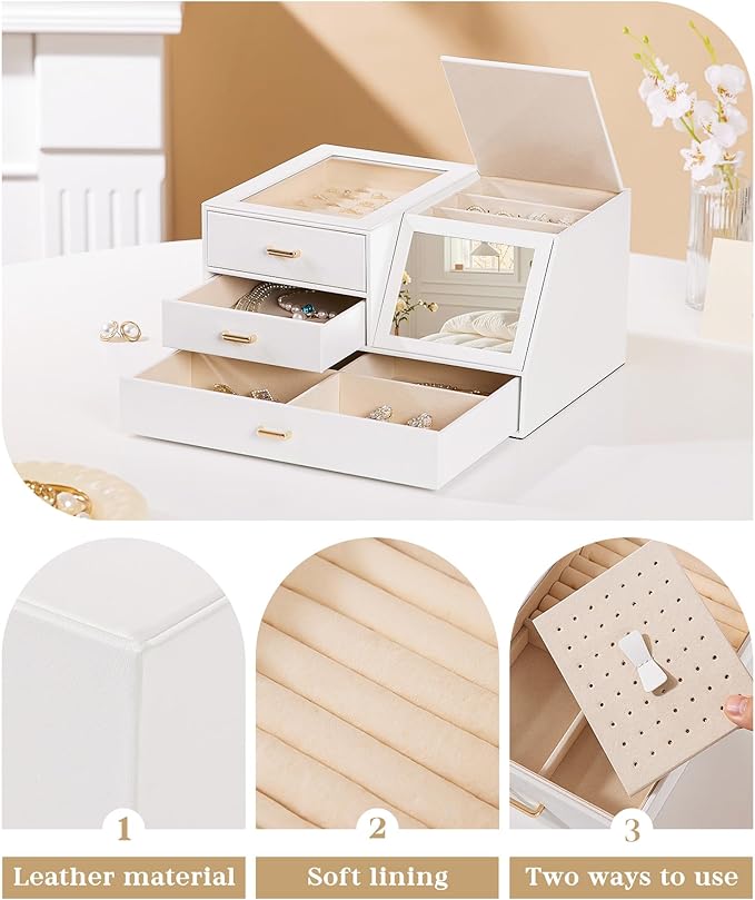 Homde Women Mirror Jewelry Box: Organizer Case with Clear Lid for Ring Necklace Earring - Christmas Gift for Young Women (White)