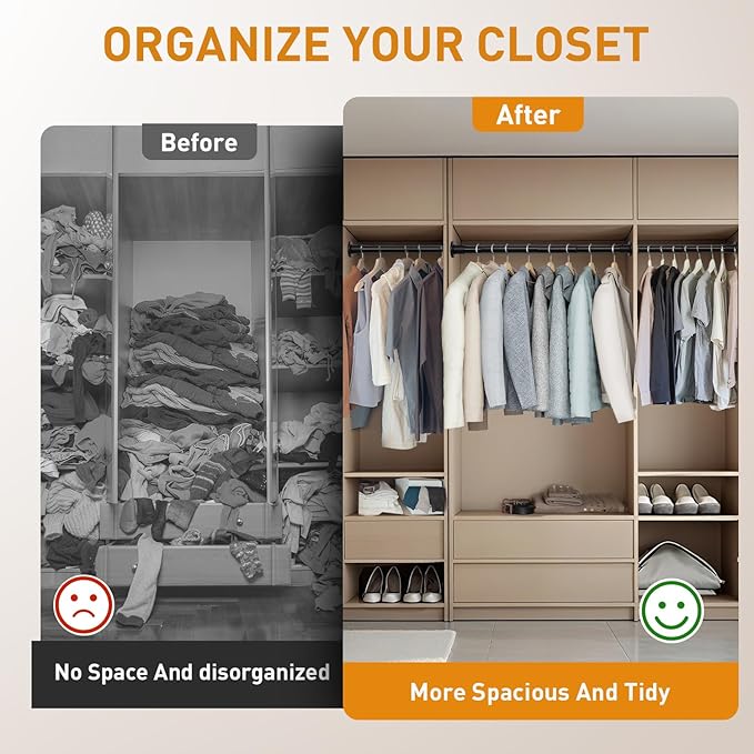 Black Adjustable Closet Rod 18-48 Inches, Heavy Duty Metal Clothes Hanging Rod, Rust-Proof Non-Slip Wardrobe Bar for Closet, Laundry Room, RV