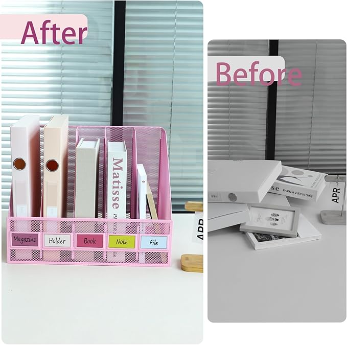 Desk Organizers, Metal Magazine File Holder with 5 Vertical Compartments Rack Binder File Organizer for Office Supplies, Home Workspace - Pink