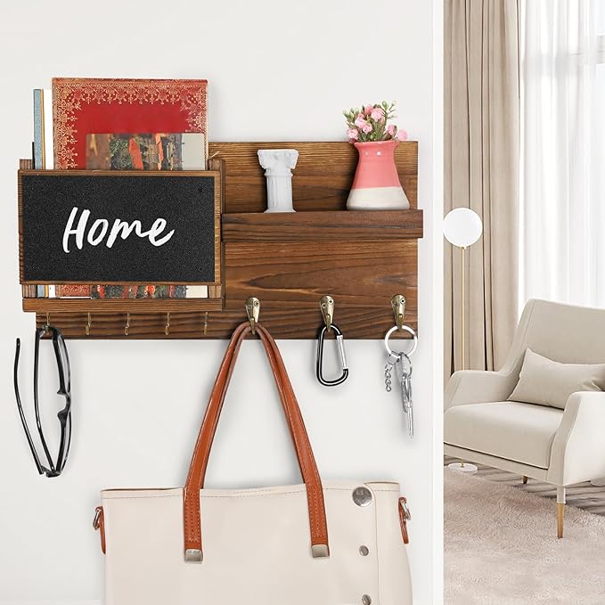 Decorative Key Hanging Rack with 8 Hooks – Easy Install Natural Wooden Key and Mail Holder for Wall Mount – Sunglasses Wallet Holder Entryway Decor with Shelf and Chalkboard (Brown)