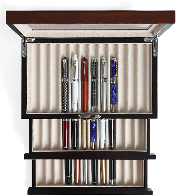 wood pen display case 36 slot Fountain pen Box storage Organizer with drawer, Top Glass Window Pen Collection Display Case