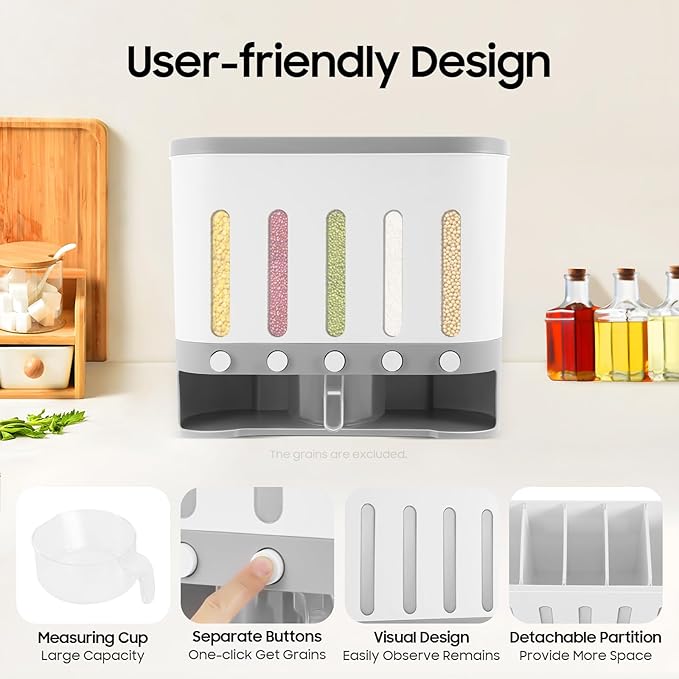 5 Grids Dry Food Dispenser, Wall mounted Rice Storage Dispenser Cereal Dispenser Countertop Kitchen Organization Container 38Lbs Sealed Storage Tank with Measuring Cup for Home Kitchen