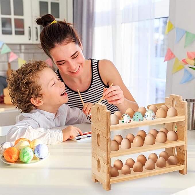 3-Tier Wooden Egg Holder - Egg Basket For Gathering Fresh Eggs, Layer Egg Tray Holder Countertop For 12 Eggs,Tier Egg Organizer For Farmhouse Kitchen Refrigerator Fits Duck, Turkey, Chicken Eggs