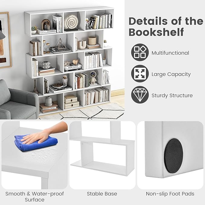 5-Tier Geometric Bookcase, 62.5” Freestanding Room Divider Bookshelf with Open Display Shelves & Anti-tip Device, Wood S-Shaped Storage Organizer for Living Room, Bedroom, Study & Home Office