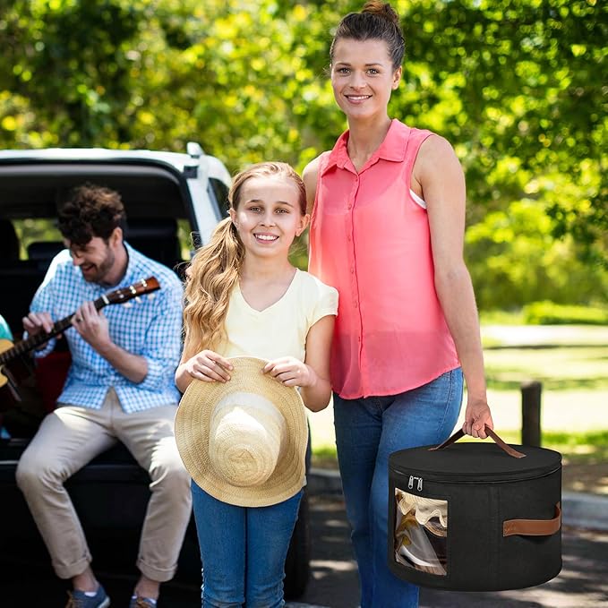 Lifewit Round Cowboy Hat Box for 7 Caps, Large Felt Hat Organizer Bag for Men & Women Storage, Baseball Cap Container with Dustproof Lid for Travel, Foldable 16.5" D x 10.6" H Carrier, 2 Pack, Black