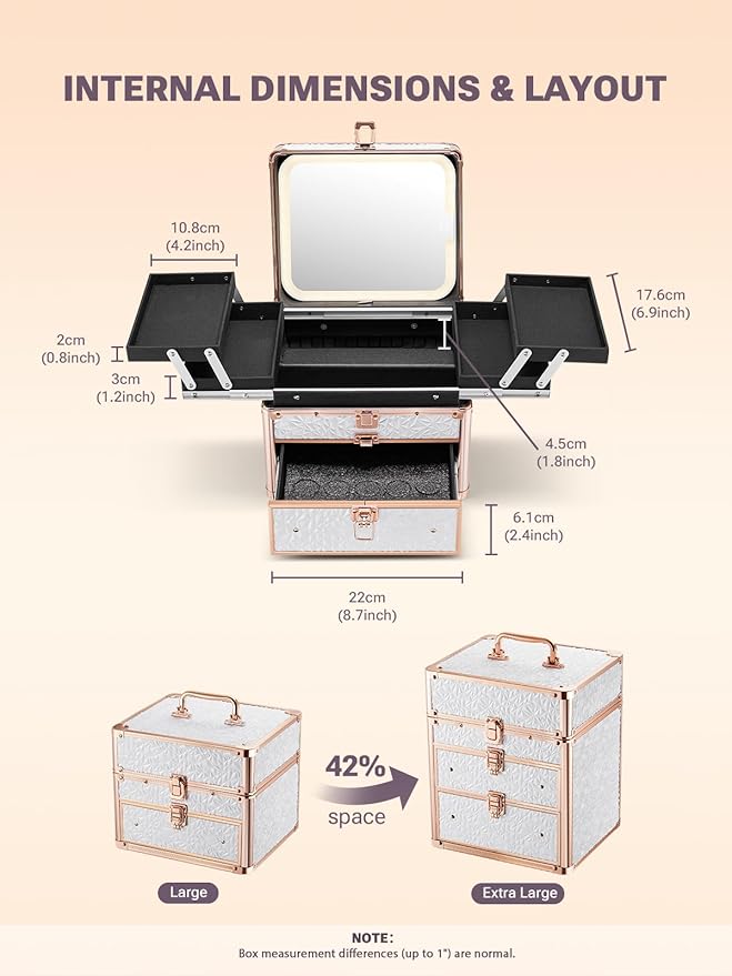 Qislee Makeup Box with Drawer and Four Trays, A Detachable Lighted Mirror, Waterproof Travel Train Case, Cosmetic Organizer and Makeup Suitcase with Magnetic LED Mirror(Bright White)