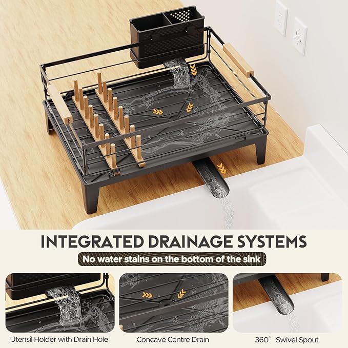 JYPS Dish Drying Rack for Kitchen Counter Decor with Drainboard Auto-Drain，Rustproof Dish Rack Drainers with Utensil Holder, Wooden Handles，360° Rotatable Drainer, Higher Legs (Black)