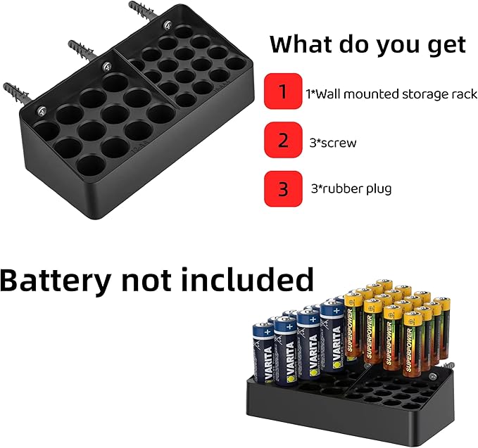 Wall Mounted Battery Storage Manager,Battery Storage Rack Suitable for 16 AAA and 12 AA Batteries, Wall Mounted on cabinets, Drawers, Walls (Storage Rack Does not Include Batteries) (Black)
