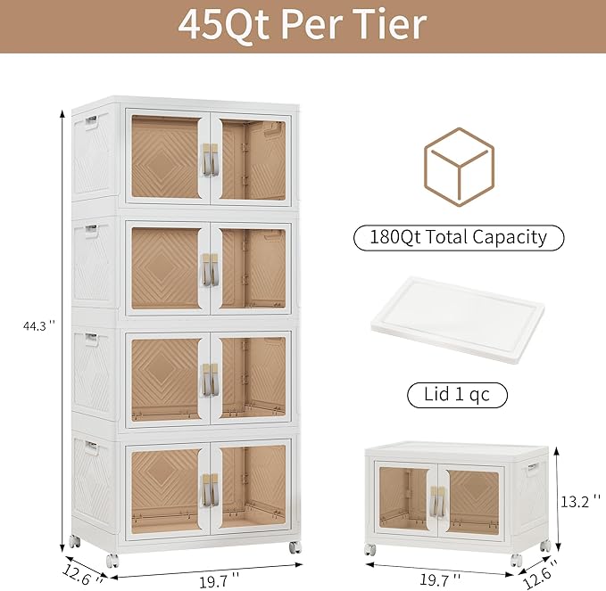 Large Clear Stackable Storage Bins with 2 Lids, Foldable Storage Cabinet for Closet Organizers and Storage, Plastic Storage Box with Wheels 270 QT