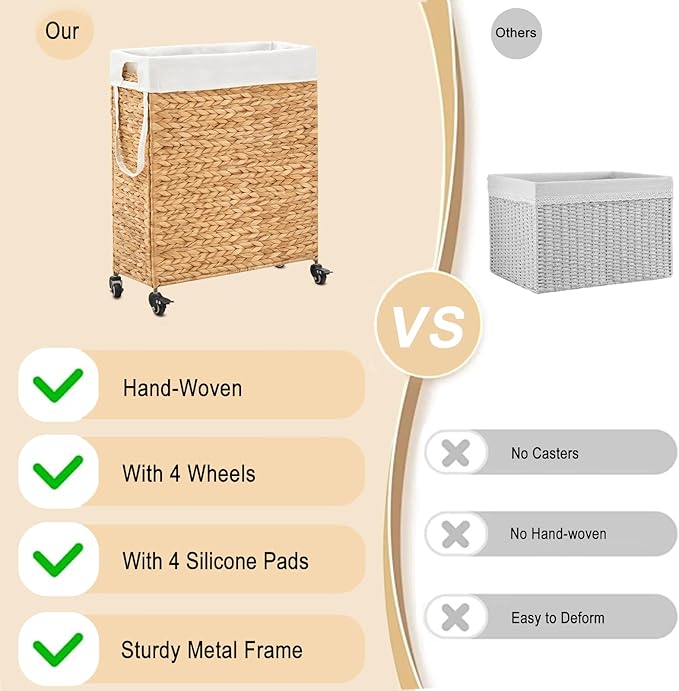 Rolling Laundry Hamper with Wheels, Slim Laundry Basket with Removable Liner Bag & 2 Mesh Bags, Handwoven Water Hyacinth Clothes Hamper for Bedroom Bathroom (Natural, 85L)