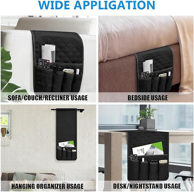 Sofa Armrest Organizer Non-Slip Arm Chair Bedside Caddy Storage Organizer for Recliner Couch with 5 Pockets for Cell Phone TV Remote Control Magazines (BLACK)