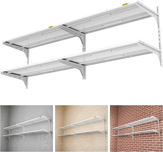 2-Pack 2 Tier 1.3x3ft Garage Shelving Wall Mounted, 500lbs Load Capacity，15.6x36inch per Shelf Height Cassette Adjustable Floating Shelves White