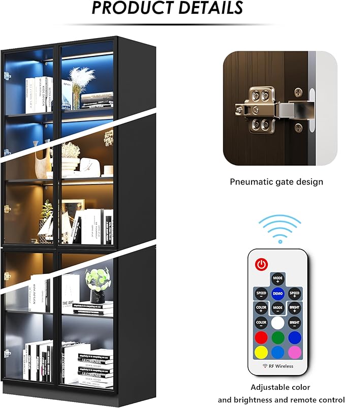 79'' Tall Glass Display Cabinet with LED Lights,Showcase with Glass Doors,5-Tier Curio Cabinet for Collectibles Bookcase,Storage Shelf, Bookcase (Black- 5 Layers, Large)
