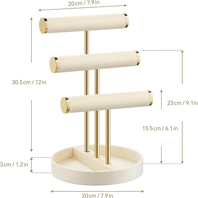 Bracelet Holder Jewelry Organizer Display - 3 Tier T Bar Velvet Stand, Beige Necklace Holder Organizer, Bracelet Holder, Earring Holder and Ring Display for Jewelry Organizers and Storage
