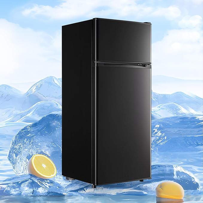 5.0 Cu.ft Refrigerator with Freezer Small Fridge Drink Holder Double Door Refrigerator Adjustable Glass Shelves for Home,Apartment,Office Black