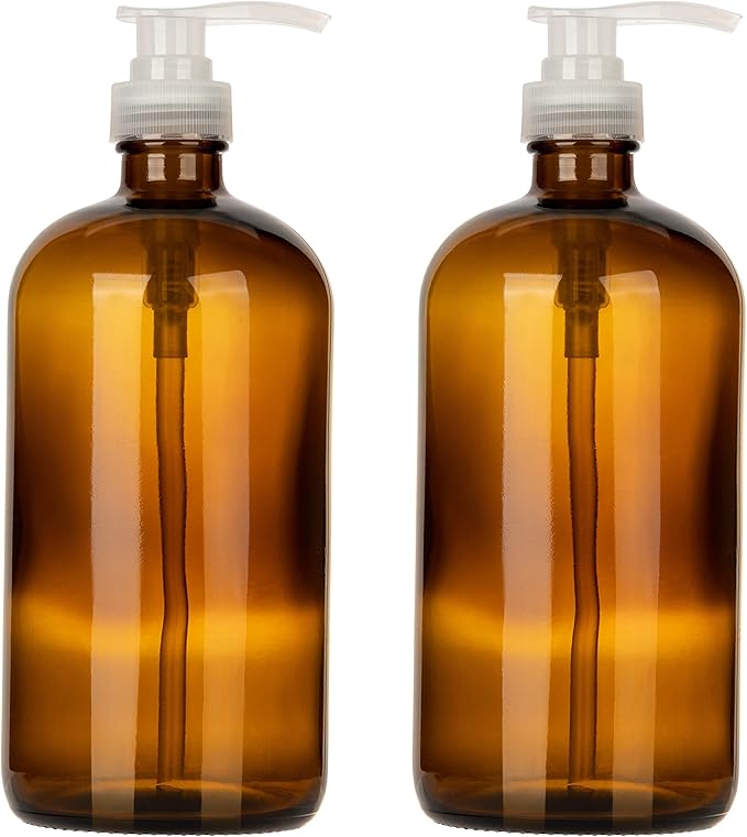 32 Ounce Large Amber Glass Boston Round Bottles w/Natural Color Pumps. Great for Lotions, Soaps, Laundry Detergent and Essential Oils - Food Safe and Medical Grade - by kitchentoolz (Pack of 2)