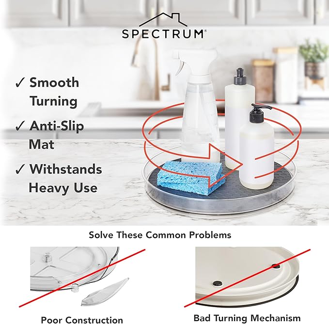 Spectrum XXL Lazy Susan Organizer 14.5 in for Large Cabinet Fridge Pantry Table Shelf Organization, Charcoal Gray Rotating Turntable Under Sink Spinning Storage for Heavy Kitchen Bath Cleaning Items