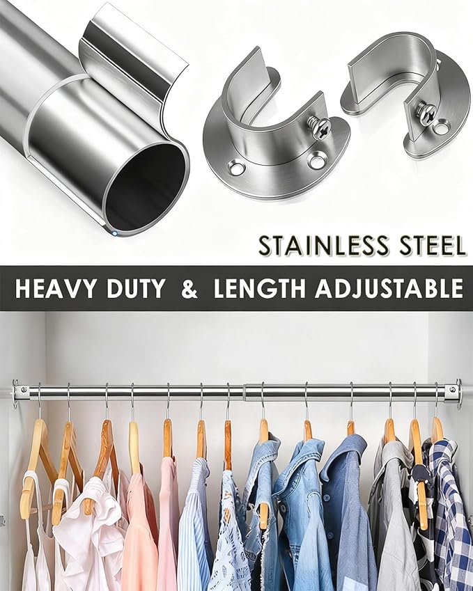 FIRJOY Premium Stainless Steel Closet Rod 1.0mm/1.3", Heavy Duty Adjustable Hanging Bar for Clothes Organization, No-Splice 1-Piece Telescoping Design (Silver, 26.9" - 46.9")