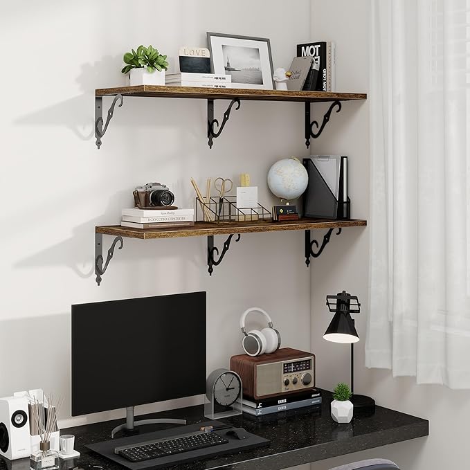 Fun Memories 36 Inches Floating Shelves, Rustic Long Wall Shelves, 8 Inch Deep Book Shelf Wall Mounted, Wide Display & Storage Shelves for Living Room, Bathroom, Bedroom, Rustic Brown, Set of 2
