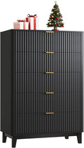 WLIVE Fluted Dresser for Bedroom with 5 Drawers, 46.26" Tall Wooden Dresser with Golden Metal Handles, Mid Century Modern Chest of Drawers for Living Room, Hallway, Closet, Solid Black