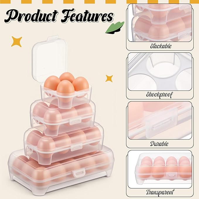 8 Pack Grid Egg Holder (4 Size: 15+8+6+4, Total 66 Eggs) Plastic Clear Grid Egg Container Keeper Storage Organizer Carrier for Refrigerator Camping Picnic Travel Kitchen Outdoor