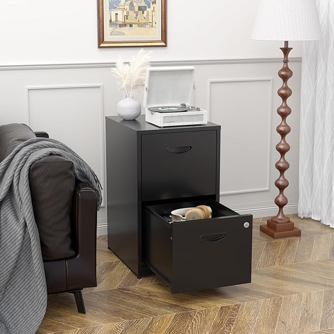 2 Drawer File Cabinet, Metal Two Drawer Vertical File Cabinets with Lock, 18" D Black Storage Filing Cabinet for Home Office, Steel Light Duty Storage for Letter-Size Files, Assembly Required