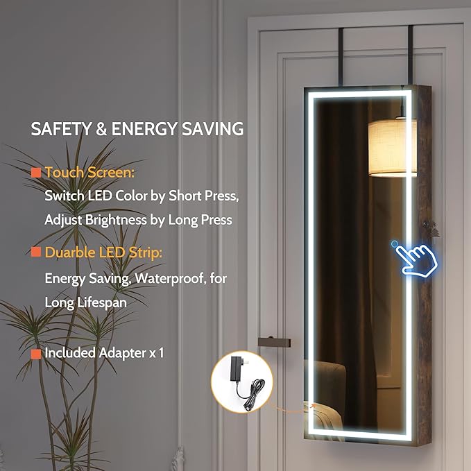 LVSOMT LED Mirror Jewelry Cabinet, Wall/Door Mount Jewelry Armoire Organizer with Lights, Full Length Mirror with Jewelry Storage, Over the Door Hanging Cabinet (Rustic Brown)