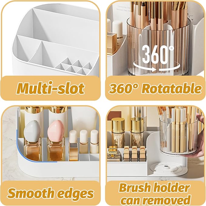 DASITON Large Capacity Makeup Organizer with 360° Rotating Makeup Brush Holder, Perfume and Skincare Storage Organizers for Vanity Bathroom Countertop, Cosmetic Display Case (White, 2 Tier)