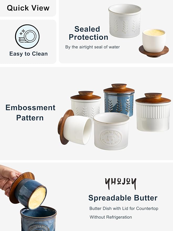 Ceramic Butter Dish With Lid, Butter Crock for Countertop, French Butter Keeper for Spreadable Butter, Elegant Embossed Pattern, Cream White
