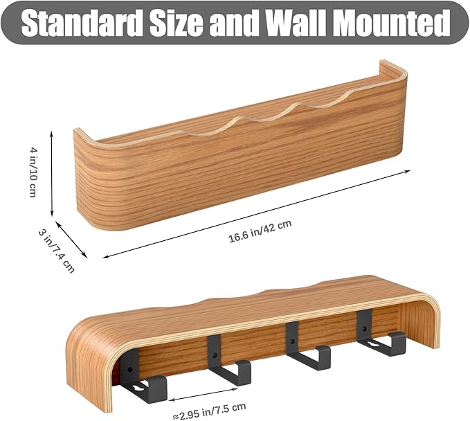 Coat Rack Wall Mount with Shelf 4 Hidden Hooks Modern Wooden Key Holder Entryway Organizer for Hallway Bedroom Bathroom Home Decor Storage for Hanging Coats Hats Bags Towels, Wave-Shape Oak