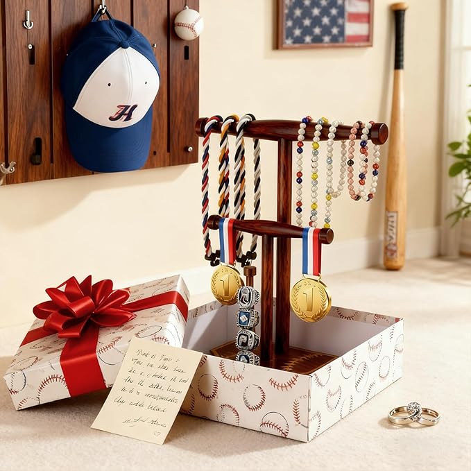 Wooden Baseball & Softball Drip Necklace Holder, Championship Ring Display Stand, Baseball Ring Holder Organizer for Players & Fans, Baseball Lifestyle Gift for Boys, Girls & Coaches