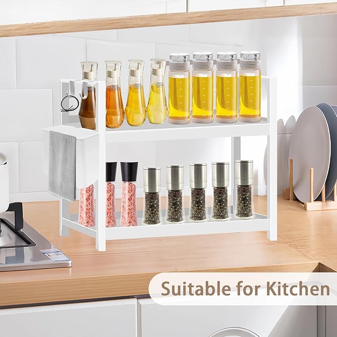 Bathroom Organizer with Basket & Hooks, 2 Tier Bathroom Organizers and Storage for Perfume, Cologne or Spice, White Countertop Organizer for Vanity, Kitchen, Office or Under Sinks