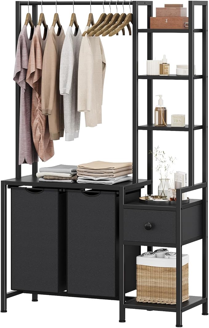 Laundry Hamper with Shelf, 5 Tiers Tall Laundry Basket Sorter with 2 Pull-Out and Removable Bags, Clothes Rack with Laundry Sorter for Laundry Room Bathroom Bedroom, Black