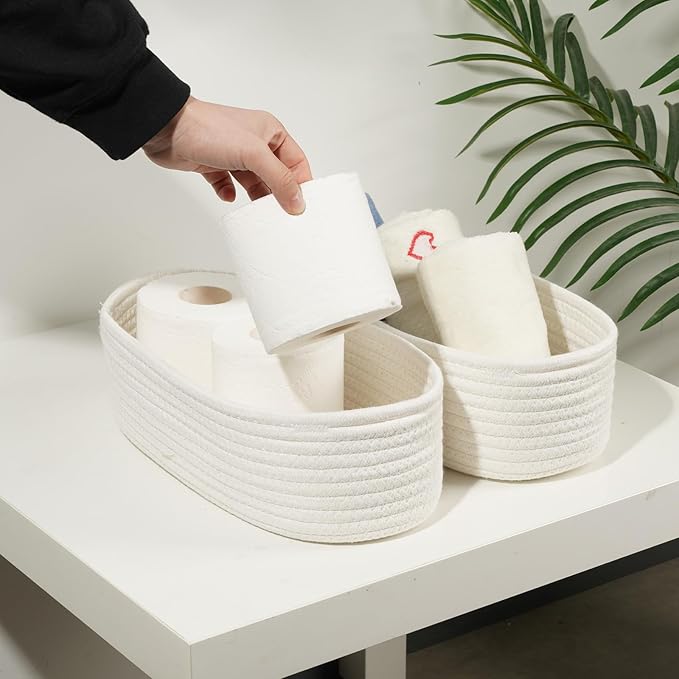 Temary Bathroom Organizer Bin, Toilet Paper Rope Baskets with Handles, Set of 2 Small Foldable Storage Bin for Toilet Tank Top Boho, Narrow Rectangle Baskets for Organizing (White, 13x5.9x3.9)