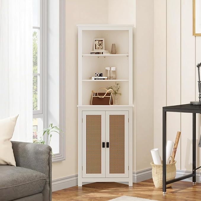 64 inch Farmhouse Corner Cabinet with 2 Barn Doors, Tall White Storage Cabinet with Adjustable Shelves, Multi-Purpose Buffet Pantry for Bathroom, Kitchen, Dining Room