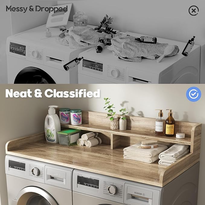 2-Tier Washer and Dryer Countertop with 2.75" H Guard,54" W x 27.5" D Laundry Countertop Cover with Non-Slip Pad,Large Space Laundry Topper for Folding Clothes Over Washer and Dryer-White Oak