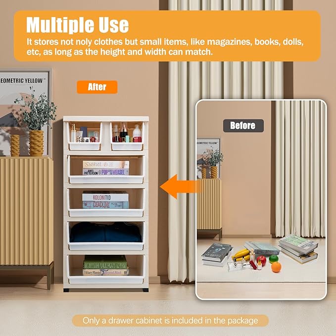 5-Layers Plastic Dresser with 6 Drawers Movable Chest of Drawers Locked Storage Cabinet Craft Organizers and Storage for Bedroom Entryway Hallyway, 19.7’’ W*13.8’’ D*40’’ H (Blue)