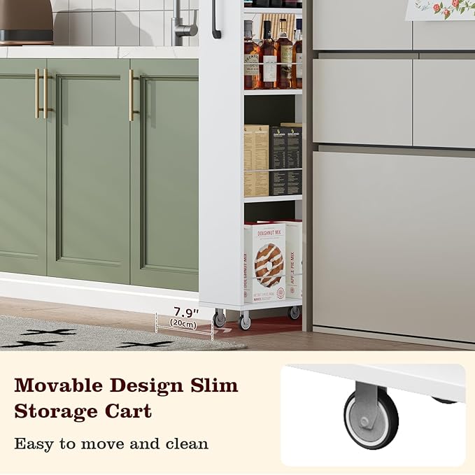70" Tall Wooden Slim Storage Cart, 7 Tier Kitchen Rolling Cart with Handle & Wheels, 7.9" W Narrow Bathroom Utility Cart for Small Spaces Kitchen Laundry Narrow Places, White