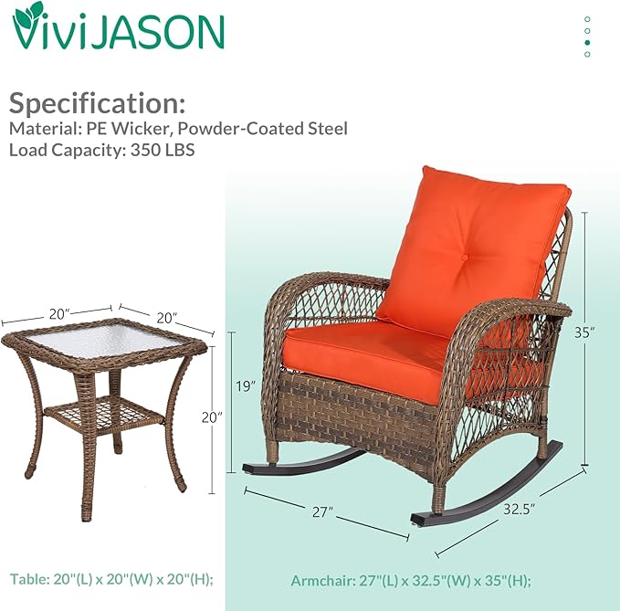 VIVIJASON 3-Piece Outdoor Conversation Bistro Set, Patio Wicker Rocking Chairs Rattan Furniture Sets w/ 2 Rattan Cushioned Chairs and Glass Top Side Table for Garden Porch Backyard (Orange)