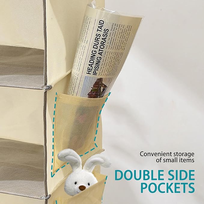 Hanging Closet Organizer 6-Shelf, Beige Storage Solution with Side Pockets for Clothes, Shoes, and Accessories, Closet Organizers and Storage, Send Goods from Local Warehouse