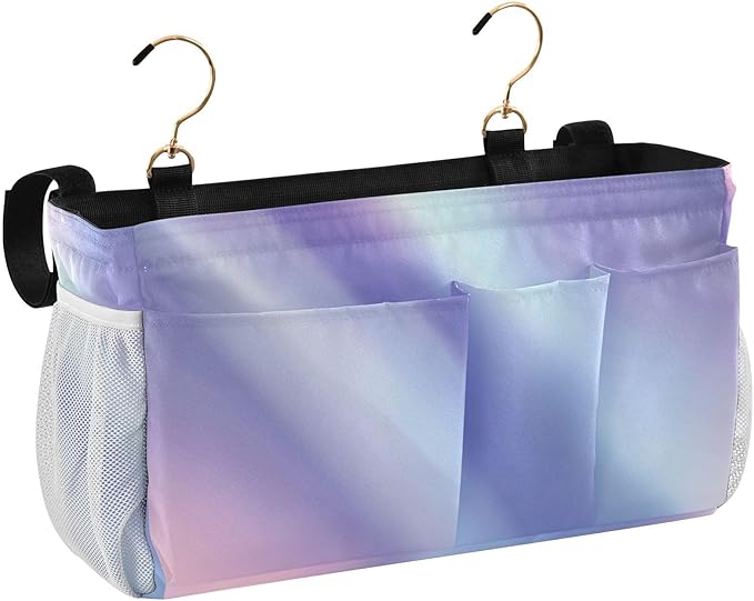 Purple Blue Gradient Bedside Caddy for Dorm Bed Bedside Hanging Caddy Bag Iron Frame Storage Organizer Pocket for Bunk Home College Hospital Beds 2 Hooks