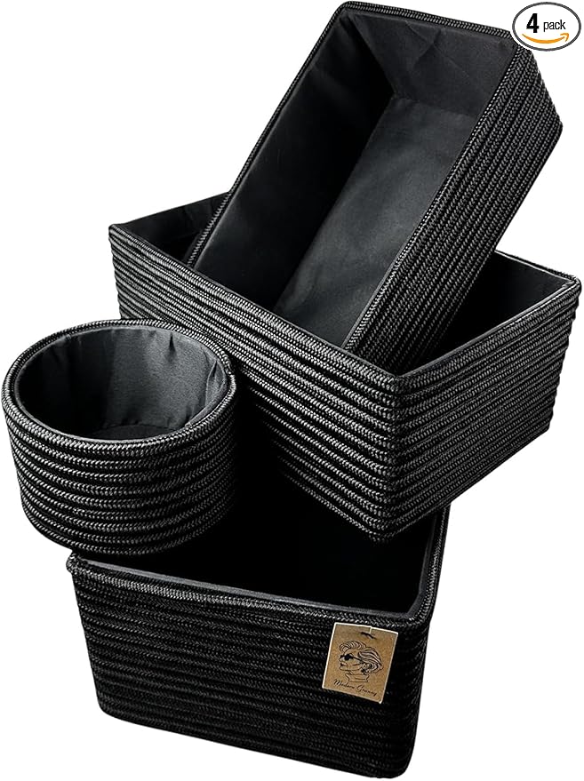 MODERN GRANNY Fashion Decor Vanity Box, Stackable Boxes Decoratives with lined Interior, Storage Baskets Set of 4, Office Boho Baskets Shelf Box for Organizing (NOCTURNE ONYX)