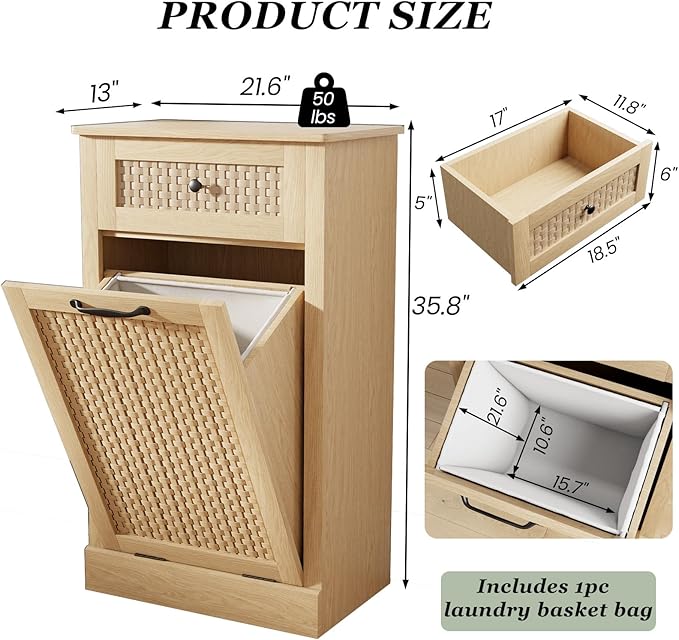 Tilt Out Laundry Hamper Cabinet,10 Gallon Laundry Cabinet with Drawers ＆ Hidden Baskets, Farmhouse Storage Basket for Laundry Room, Bathroom, Kitchen, Wood