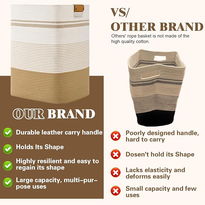 Laundry Hamper, 85L Tall Laundry Basket with Leather Handles, Rectangle Large Clothes Hamper for Organizing, Cotton Woven Laundry Baskets Storage Hampers for Bedroom, Nursery, Living Room
