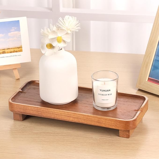 Wood Riser Small Decorative Tray Sink Soap Dish, Vanity Tray Pedestal Stand 10 * 4.5 inches (Light Brown)