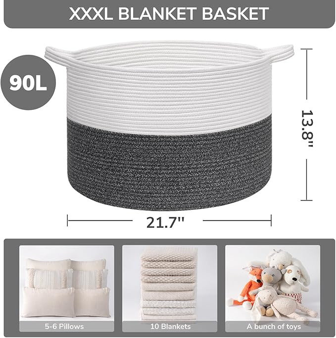 INDRESSME XXXLarge Cotton Rope Basket 21.7" x 21.7" x 13.8" Woven Baby Laundry Baskets Blanket Basket Toy Baskets with Handle Storage Comforter Cushions Gray Laundry Hamper