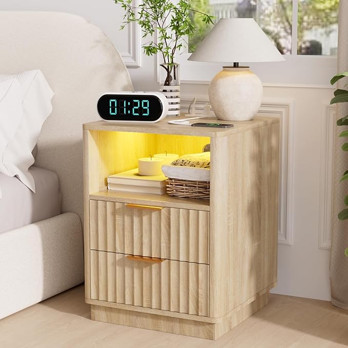 VOWNER Fluted Nightstand with Charging Station, 18” RGB Night Stand with 2 Drawers, End Table with Storage Shelf, Curved Profile Design Side Table, Bedside Table for Bedroom Living Room, Oak
