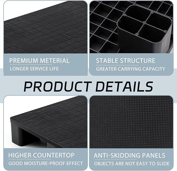 4 Pcs Plastic Pallet for Basement Storage Easy Stack Lightweight Floor Pallet Display Flooring Room Supermarket Christmas, Support up to 2000 Lbs (31.5'' L X 24'' W X 4.7'' H,Black)